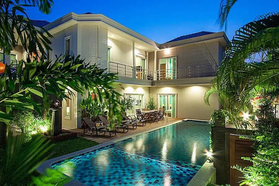 7 bedroom city haven pool villa in Pattaya at night