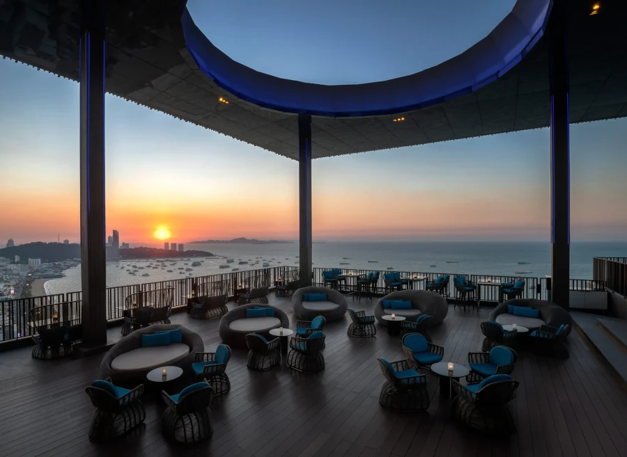 Stunning sunset view from the Hilton Horizon Rooftop Bar in Pattaya.