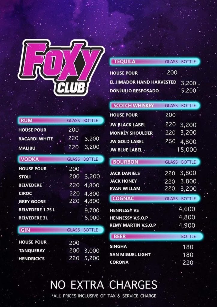 Foxy Club Bangkok menu