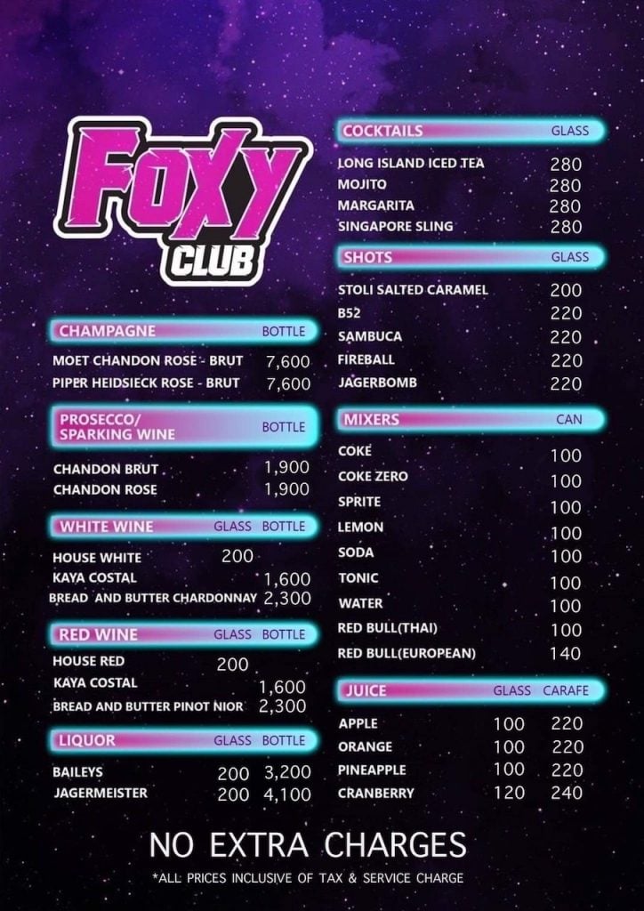 Foxy Club Bangkok menu