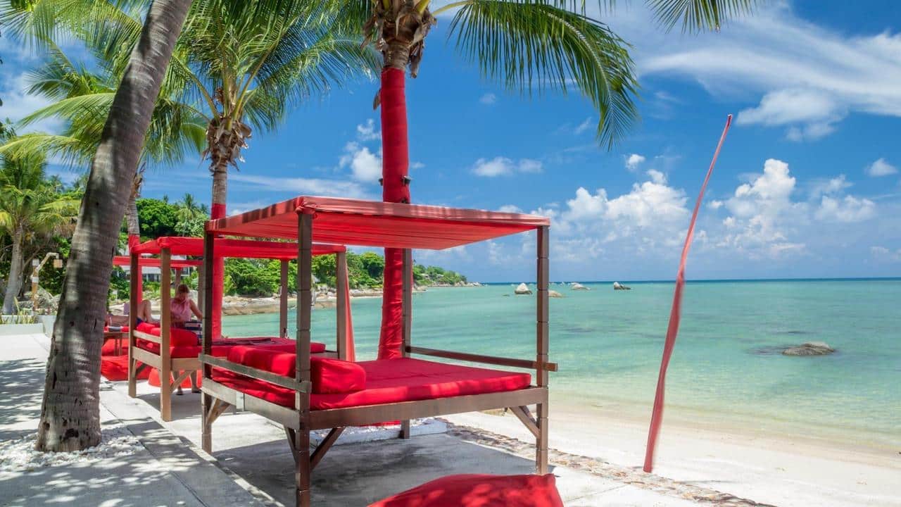 red cabana by the beach at Beach Republic in Koh Samui Thailand