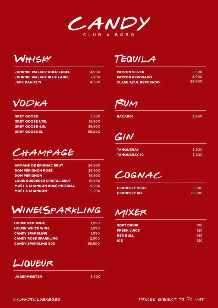 menu of bottles at Candy Club in Bangkok