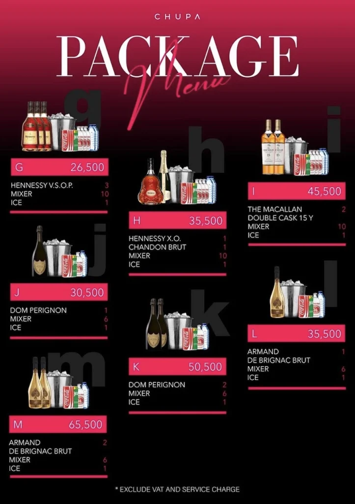 bottle package menu at Chupa BKK club in Thonglor