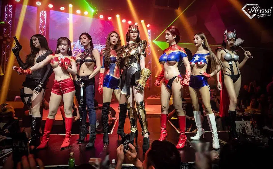 Thai girls wearing avengers costume at Krystal Club Thonglor25 in Bangkok for an Avenger Endgame event