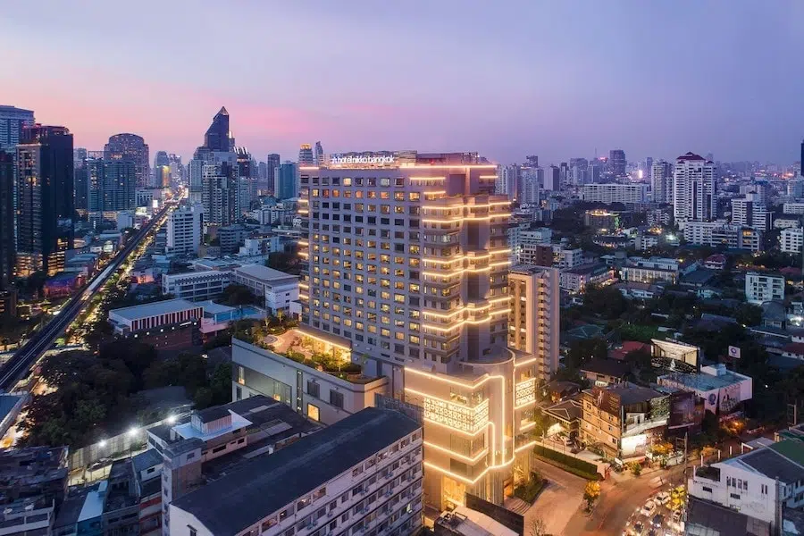 Hotel Nikko Bangkok aerial view at night