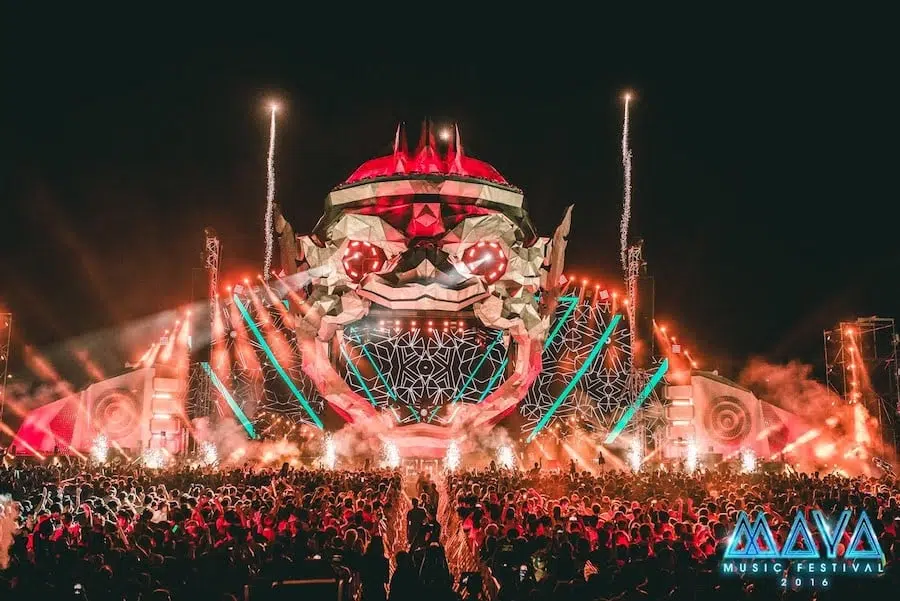 main stage with red lights at Maya Music festival in Thailand