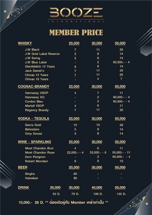 prices and options for membership at Booze Club Bangkok