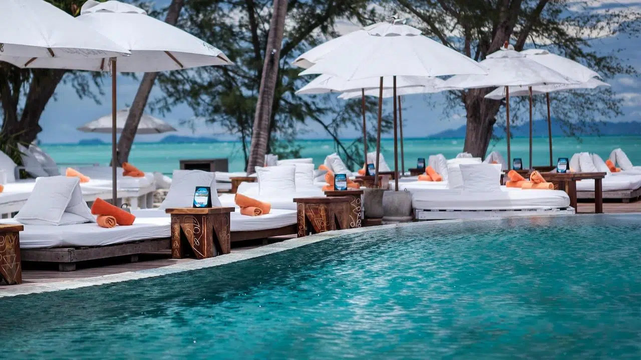 beds by the pool at Niki Beach Club in Koh Samui Thailand
