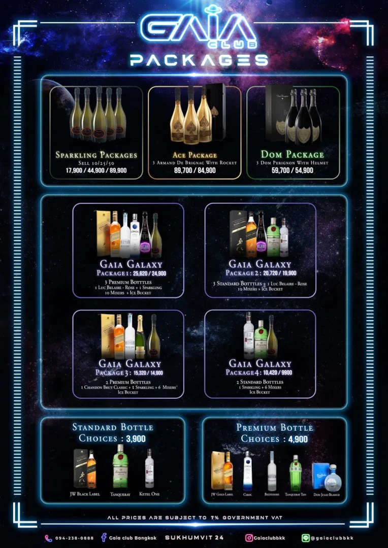 bottle package menu at the gaia club bangkok