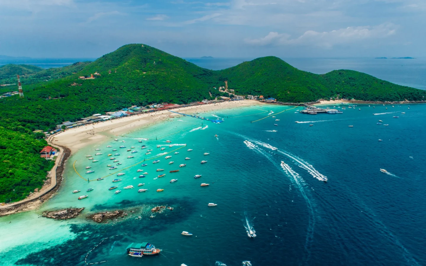 Skyview of a beach and boats at Pattaya.