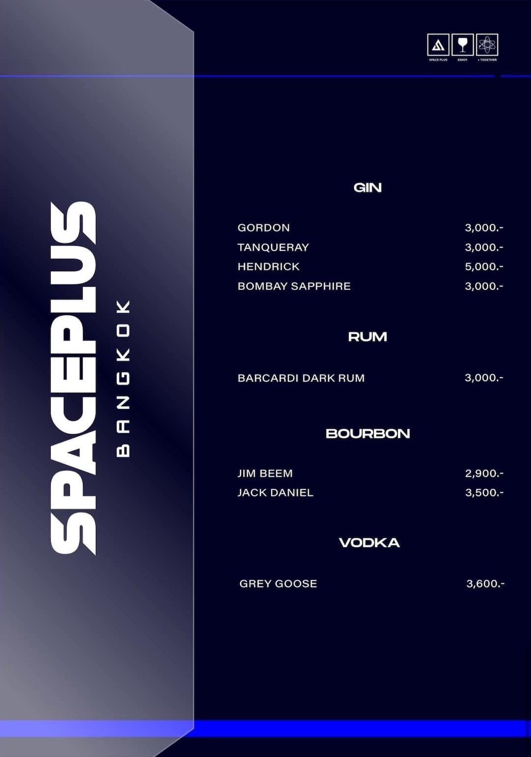 bottle menu at Spaceplus Bangkok nightclub in RCA
