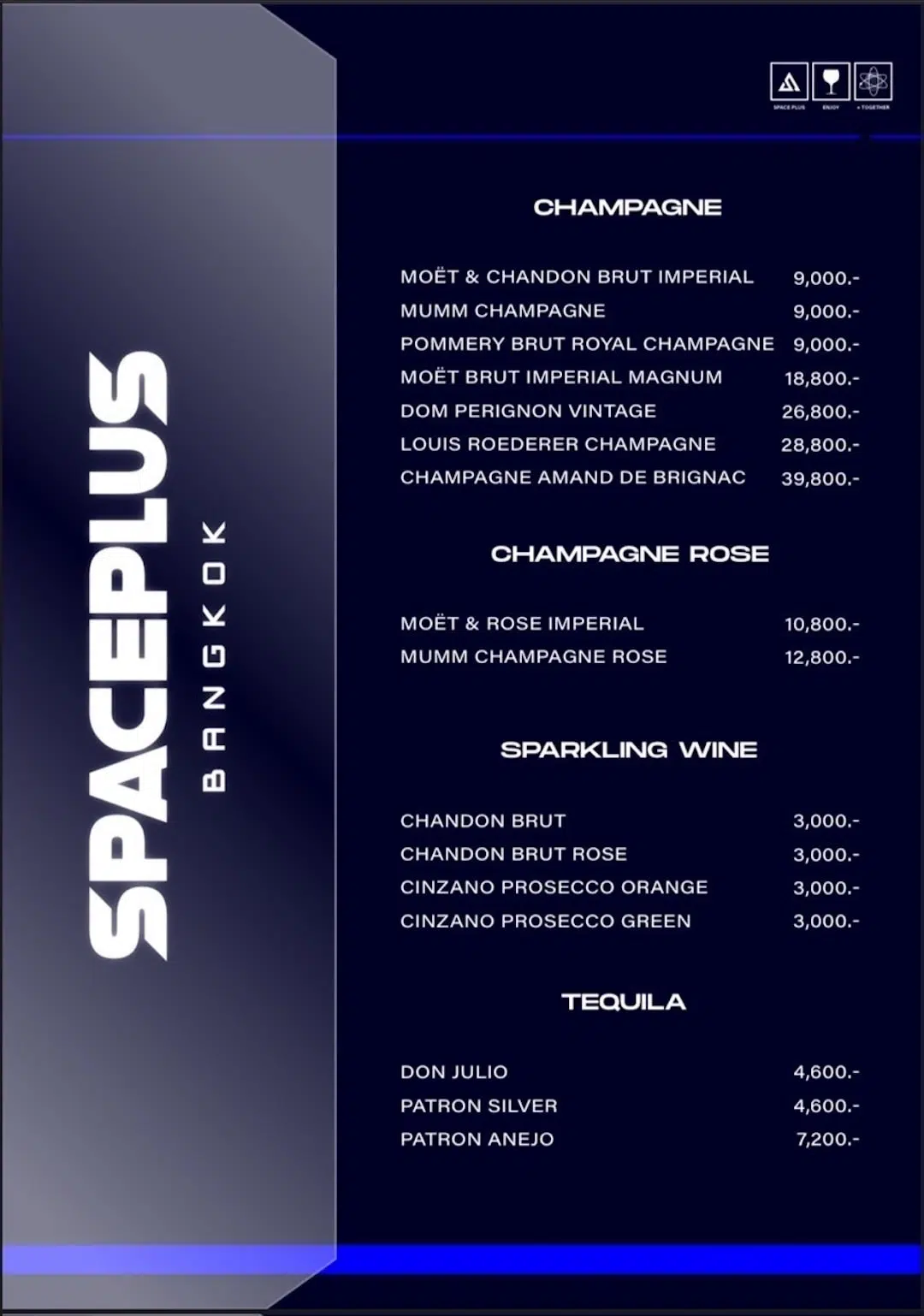 bottle menu at Spaceplus Bangkok nightclub in RCA July 22 update