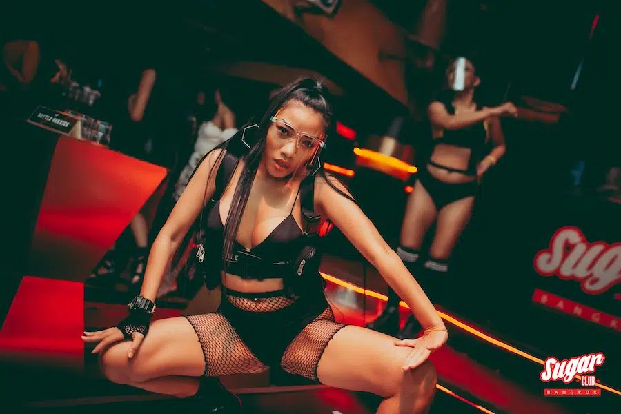 sexy Thai hip hop dancer with a face shield at Sugar Club Bangkok