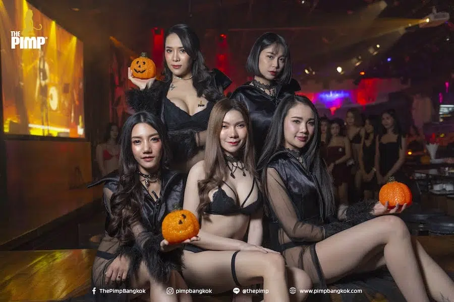 Thai party models in sexy black underwear at The PIMP Bangkok halloween party