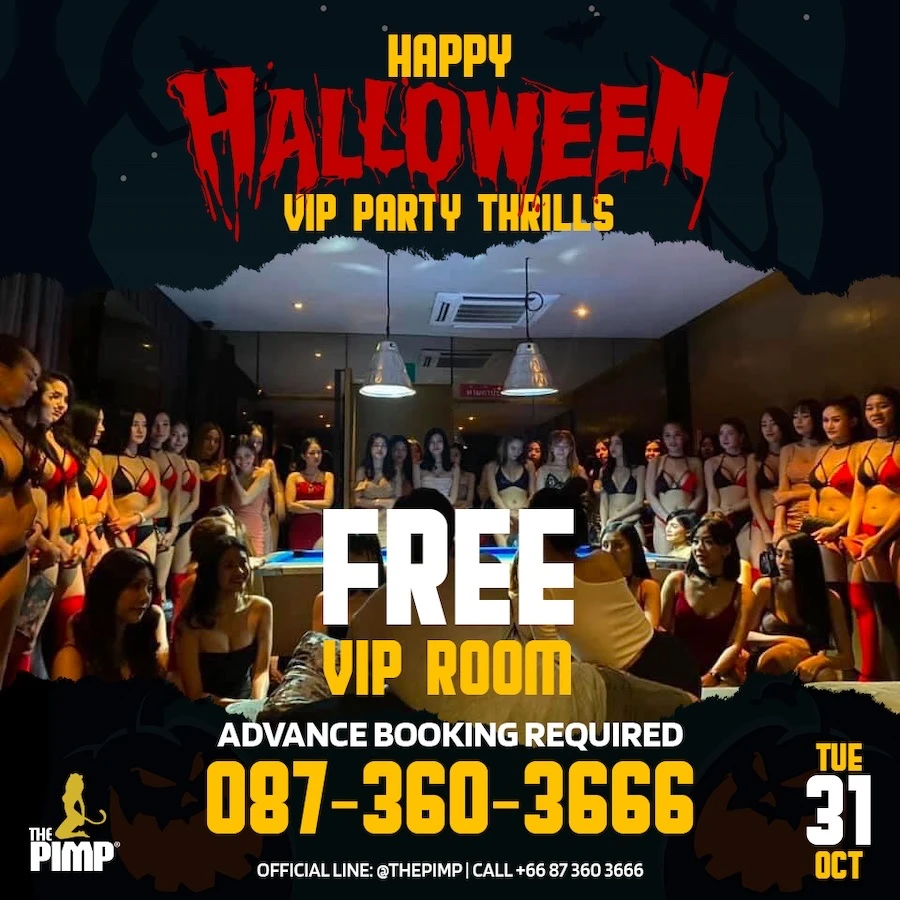 promo banner for The PIMP Halloween party on 26 October 2023 at The PIMP Bangkok with a special deal with a free VIP room