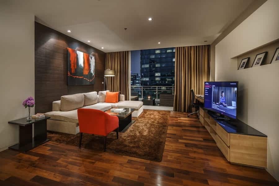 living room of the three bedroom executive serviced apartment at Akyra Thonglor Bangkok
