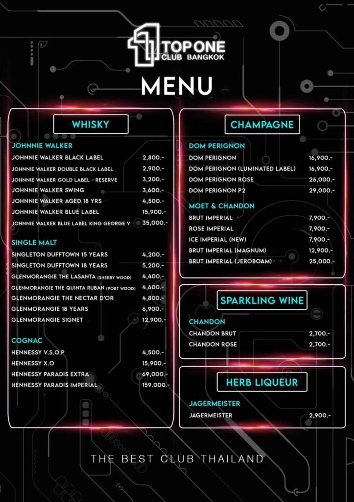 menu of TopOne Club Bangkok page 1